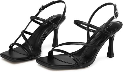 Women Strappy High Heels: Square Open Toe Slingback Sandals, Dressy Sexy Comfortable Kitten Heeled, Prom Party Wedding Black White Gold Nude in Kuwait