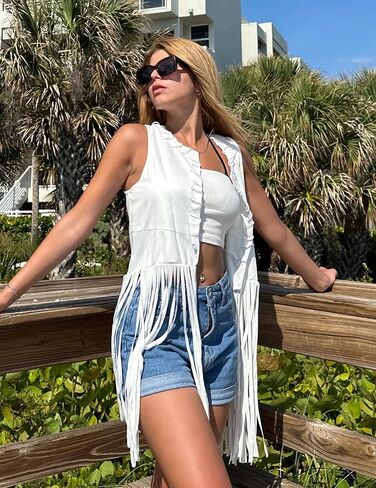 HOTOUCH Women Fringe Vest 70s Hippie Costume Faux Suede Sleeveless Tassels Cardigan Cowgirl Western Tops in Kuwait