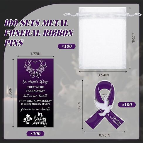 Quelay 100 Sets Black Funeral Ribbon Pins Funeral Favors Ribbon Pins Prayer Cards and Organza Bags Ribbon Awareness Lapel Pin Forever in Our Hearts Memorial Brooch for Mourning Remembrance Day Funeral in Kuwait