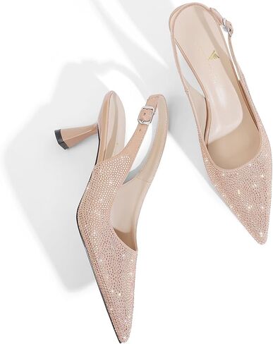 LOCERICH Women's Kitten Heels Slingback Low Heel Dress Shoes Closed Toe Pumps Rhinestone Pointed Toe Sparkly Sling Back Bridal Wedding Party in Kuwait