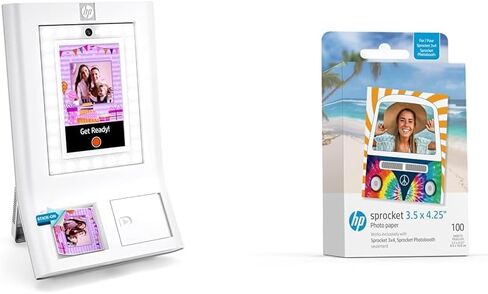 Bundle of HP Sprocket Photobooth Instant 3x4" Color Photo Printer (White) Capture & Customize with 250+ Frames, + HP Sprocket 3.5 x 4.25" Zink Sticky-Backed Photo Paper (100 Pack) in Saudi Arabia