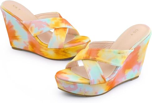 Allegra K Women's Tie Dye Crisscross Strap Wedges Slip on Wedge Heel Platform Sandals in Saudi Arabia