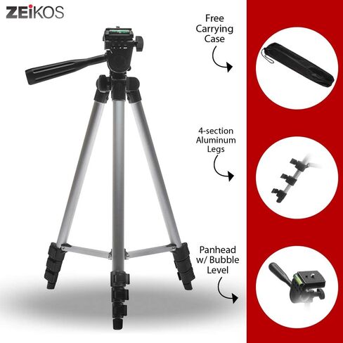 Zeikos 50" Inch Aluminum Camera Tripod, Lightweight with Bubble Level Indicator + Free MiracleFiber Microfiber Cleaning Cloth and Carrying Bag in Kuwait