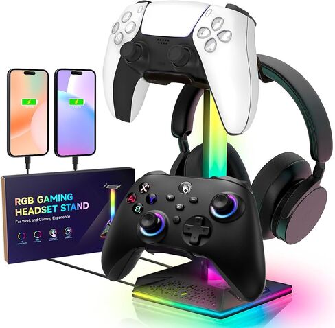 RGB Gaming Headset Stand Headphone Stand with 2 USB Ports 10 Color Mode for Gamers PC Gaming Desktop Earphone Accessories in Saudi Arabia