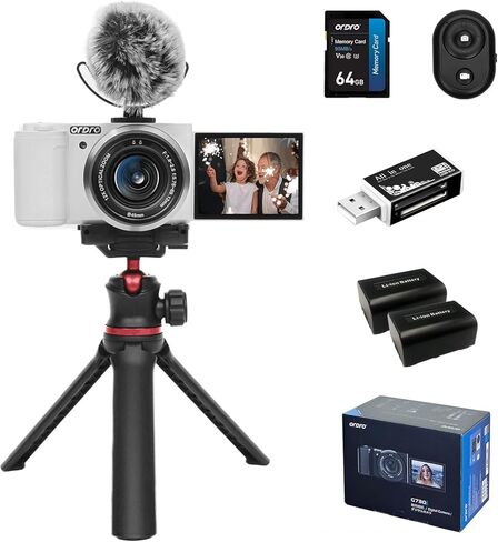 ORDRO 5K Digital Camera Vlogging Camera for Content Creators and Vloggers, 64MP Digital Camera for Photography Flip Screen, 12X Optical Zoom Camera, Auto Focus, IR Night Vision Function, 64GB Card in Kuwait