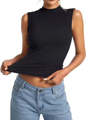 Women's Sleeveless Mock Turtle Neck Tops Fitted Ribbed Tank Top Basic Summer T Shirts 2024 in Saudi Arabia