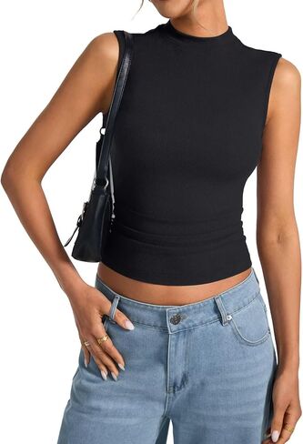 Women's Sleeveless Mock Turtle Neck Tops Fitted Ribbed Tank Top Basic Summer T Shirts 2024 in Saudi Arabia