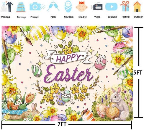 زخارف عيد الفصح السعيدة لافتة ألوان مائية أرنب البيض الملونة عيد الفصح الفوتوغرافي خلفية زخارف البيض صيد الشعار (7x5ft （210x150cm）) in Kuwait