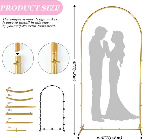 Gold Metal Arch Backdrop Stand, 6.6FT x 7.2FT, Easy to Assemble, Suitable for Weddings, Birthdays, Parties, Metal in Kuwait