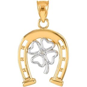 10k Two-Tone Gold Lucky Horseshoe with Irish 4-Leaf Clover Diamond Pendant