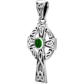 US Jewels Small 925 Sterling Silver Simulated Emerald May Birthstone Celtic Knot Cross Pendant, 23mm