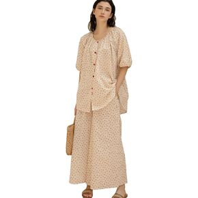 Women's Short-sleeved Pajama Set with Trousers,2 Piece Button-Down Nightwear, Cotton Lounge Sleepwear with Pockets.