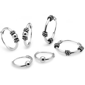 Hoops & Loops 925 Sterling Silver 10mm, 12mm & 14mm Polished Bead, Bali & Bali Bead Endless Hoop Earrings for Women Men, Set of 3 Pairs