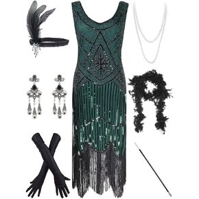 IWIWB Women's Vintage 1920s Sequin Beaded Tassels Hem Flapper Dress w/accessories Set