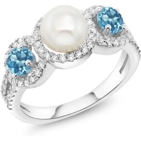 Gem Stone King 925 Sterling Silver Cultured Freshwater Pearl and Swiss Blue Topaz Ring For Women (1.46 Cttw, Gemstone Birthstone, Available In Size 5, 6, 7, 8, 9)