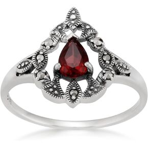 925 Sterling Silver Victorian Mozambique Garnet & Marcasite Ring