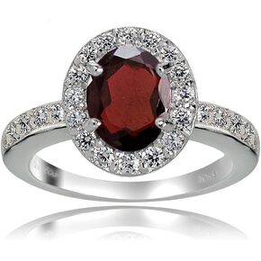 Ice Gems Sterling Silver Garnet and White Topaz Oval Halo Ring