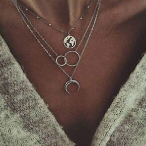 fxmimior 2 Tier Boho Dainty Layered Necklace Moon Necklaces Map Pendant Silver Gold Jewelry Stackable Choker Necklaces for Women and Girls