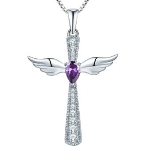 YL Cross Necklace 925 Sterling Silver Angel Wings Pendant Teardrop Cubic Zirconia Criss Jewelry