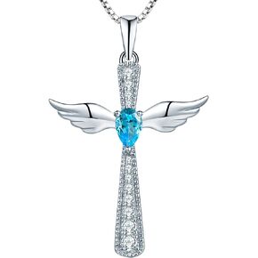 YL Cross Necklace 925 Sterling Silver Angel Wings Pendant Teardrop Cubic Zirconia Criss Jewelry