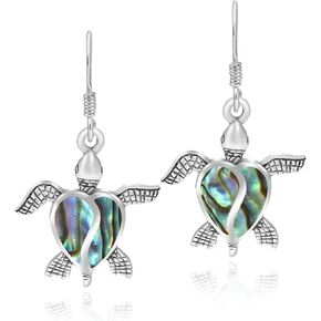AeraVida Love Life Sea Ocean Turtle Heart Abalone Shell Sterling Silver Dangle Earrings
