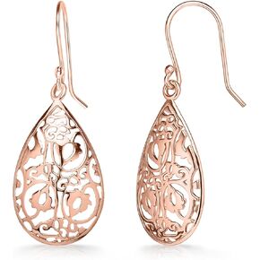 Sterling Silver Tear Drop Dangle Filigree Earrings for Women – boho and Chic Pear Shape Hook Earrings with Thin and Lightweight Hook