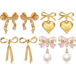 FIFATA 4 Pairs Bow Earrings 14k Gold Plated Long Chain Heart Pearl Dangle Earring for Women Girls Statement Ribbon Bow Stud Earrings Coquette Accessories