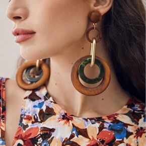 DOUBNINE Large Wood Earrings Dangle Drop Brown Green Geometric Round Retro Bohemian Natural African Big Statement Circle Earrings for Women