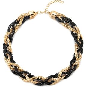 COOLSTEELANDBEYOND Gold Black Statement Collar Necklace, Braided Hollow Cable Chain Bib Choker, Dress Party
