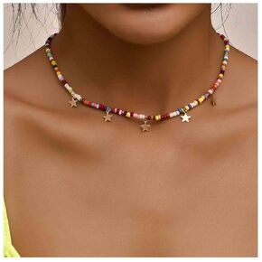 Yheakne Boho Colorful Seed Bead Choker Necklace Short Rainbow Bead Necklace Gold Star Dangle Necklace Multicolored Collar Necklace Chain Jewelry for Women and Girls