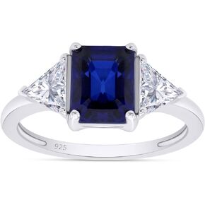 AFFY 14k Gold Plated 925 Sterling Silver Emerald Cut Blue Sapphire With Trillion White Topaz Ring for Women Statement Jewelry Gift For Her
