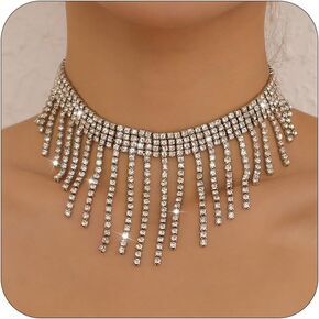 HUASAI Rhinestone Choker Necklace for Women Gold Crystal Tassel Necklace Rhinestone Statement Necklace for Teen Girls