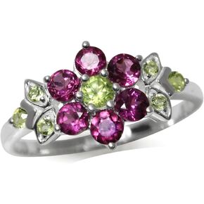 Silvershake Natural Rhodolite Garnet and Peridot 925 Sterling Silver Flower Leaf Ring
