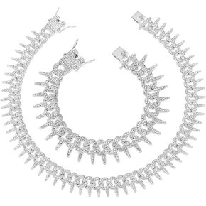 HH BLING EMPIRE Mens Silver Gold Spikes Cuban Link Chain and Bracelets Iced Out Diamond Cuban Necklace Chain Bracelet Sets for Young Boys Hip Hop Jewelry