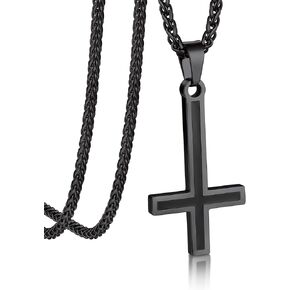 Bandmax Upside Down Cross Necklace for Men Women, Stainless Steel/Black St Pete Inverted Cross Pendant Chain 22" Church of Satan Jewelry
