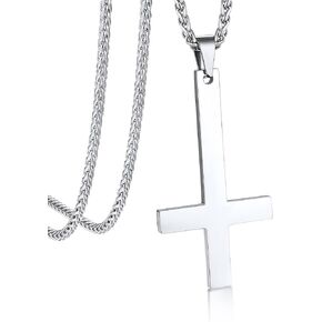 Bandmax Upside Down Cross Necklace for Men Women, Stainless Steel/Black St Pete Inverted Cross Pendant Chain 22" Church of Satan Jewelry