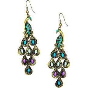 Forbidden Body Jewelry Vintage Peacock Earrings, Feather Earrings, Feather Earrings for Women, Blue Epoxy Crystal Feather Dangle Statement Earrings (Sold Individually)
