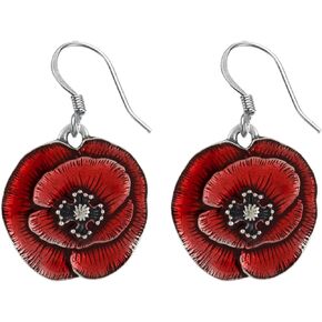 Remembrance Poppy Wire Earrings (Red) – Handcrafted Pewter Military Veterans Wire Earrings For Women – 7/8", Made In USA