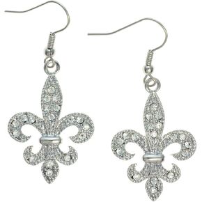 PammyJ Silvertone Clear Crystal Fleur De Lis Dangle Earrings