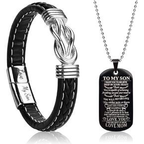 Abitoncc 2PCS To My Son Bracelet with Dog Tag Necklace, Mother Son Forever Linked Together Bracelet for Son Birthday Back to School Graduation Gift for Men
