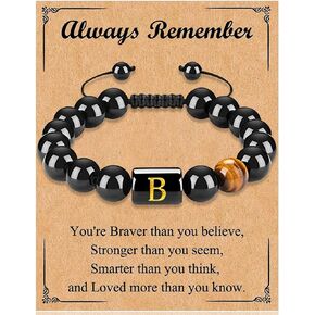 Initials Bracelet for Men Letter Beaded Bracelet Black Onyx Tiger Eye Stone Bracelet Adjustable Name Bracelet Birthday Gifts for Friends Boyfriend Husband