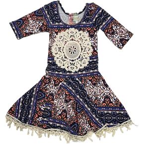 One Size Girls' Crochet Lace Trim Twirl Dress with Elbow Sleeve
