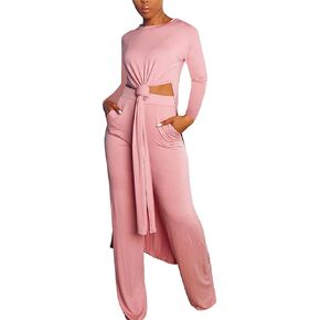 Tbahhir Womens Fall Wide Leg Pants Sets High Split Long Sleeve Shirts Top Tunic Casual 2 Piece Outfits