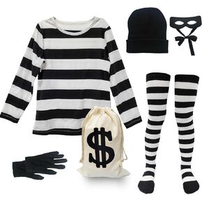Robber Costume Set for Girls Cosplay Thief Accessories for Halloween Party Black and White Striped Knit Beanie Cap