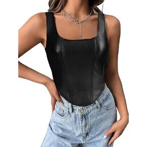 OYOANGLE Women's Metallic Crop Top Summer Casual Asymmetrical Hem Sleeveless PU Leather Cropped Tank Top