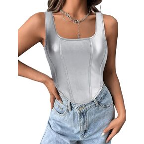 OYOANGLE Women's Metallic Crop Top Summer Casual Asymmetrical Hem Sleeveless PU Leather Cropped Tank Top