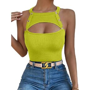 Vrtige Women's Cut Out Crewneck Ribbed Knit Sleeveless Slim Fit Tank Top Shirt