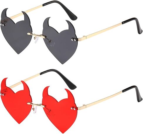 BOJOD Goth Horns Heart Sunglasses for Women Rimless 90s Punk Heart Glasses Trendy colored Sunglasses for Party Festival in Saudi Arabia