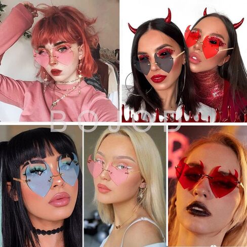 BOJOD Goth Horns Heart Sunglasses for Women Rimless 90s Punk Heart Glasses Trendy colored Sunglasses for Party Festival in Saudi Arabia