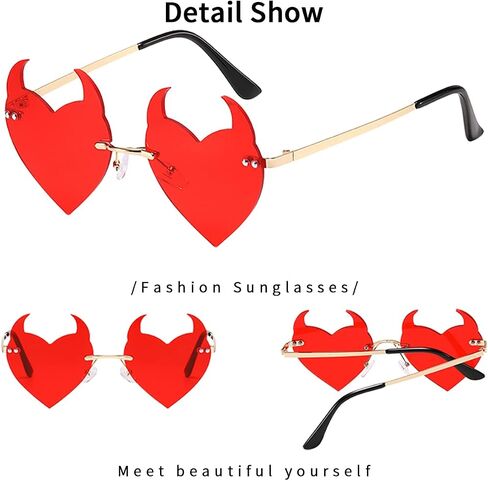 BOJOD Goth Horns Heart Sunglasses for Women Rimless 90s Punk Heart Glasses Trendy colored Sunglasses for Party Festival in Saudi Arabia